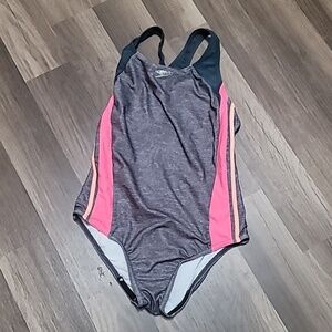 Speedo Razorback One Piece Swimsuit Pink/ Gray Girls Size 14